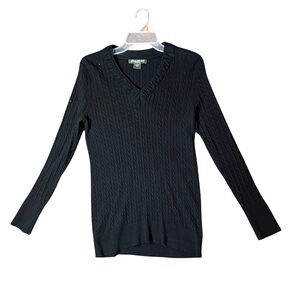 Eddie Bauer Women’s Cable Knit Sweater Large | Black V-Neck Cozy Pullover